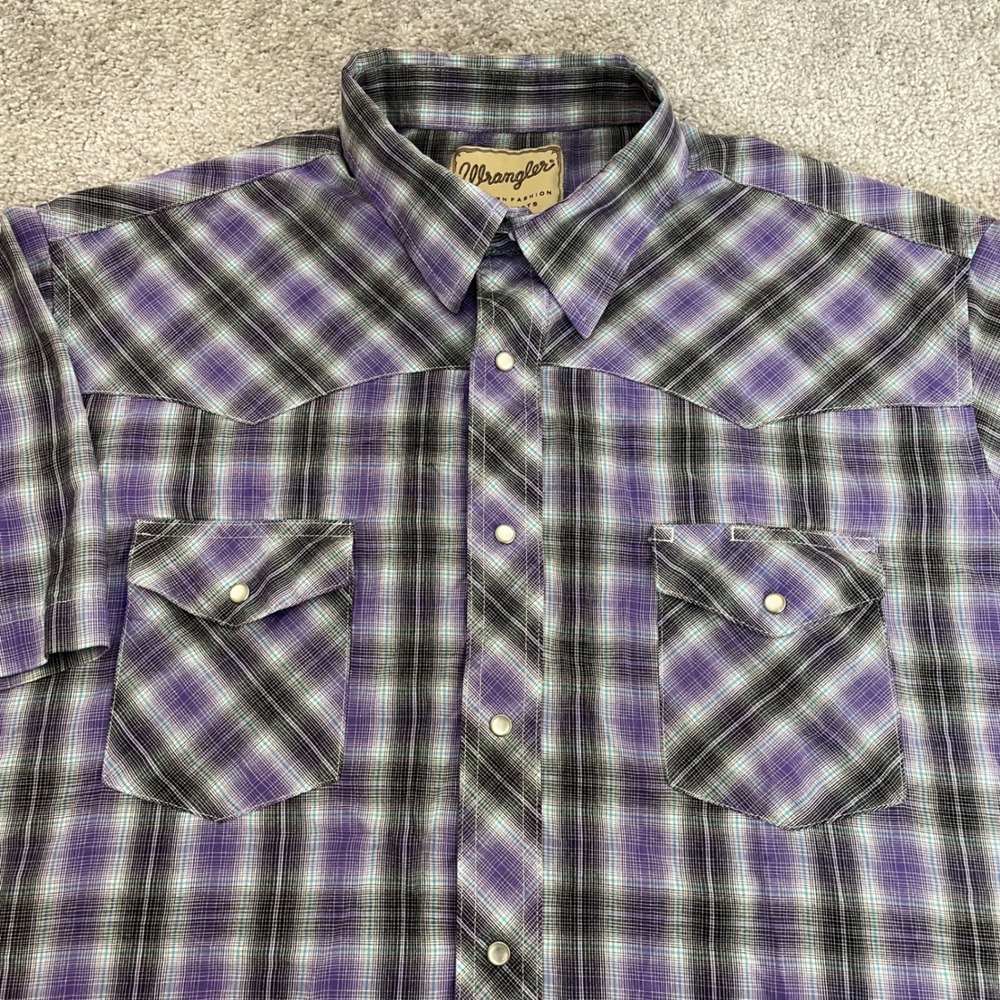 Wrangler Western Shirt Mens 3XL Pearl Snap Plaid Button Up Short Sleeve Purple